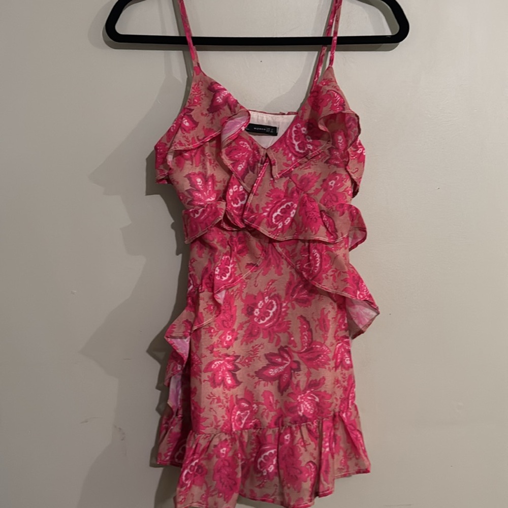 ZC Floral Pink & Tan Ruffle Mini Dress Women's Size Small Cottagecore - Picture 4 of 8